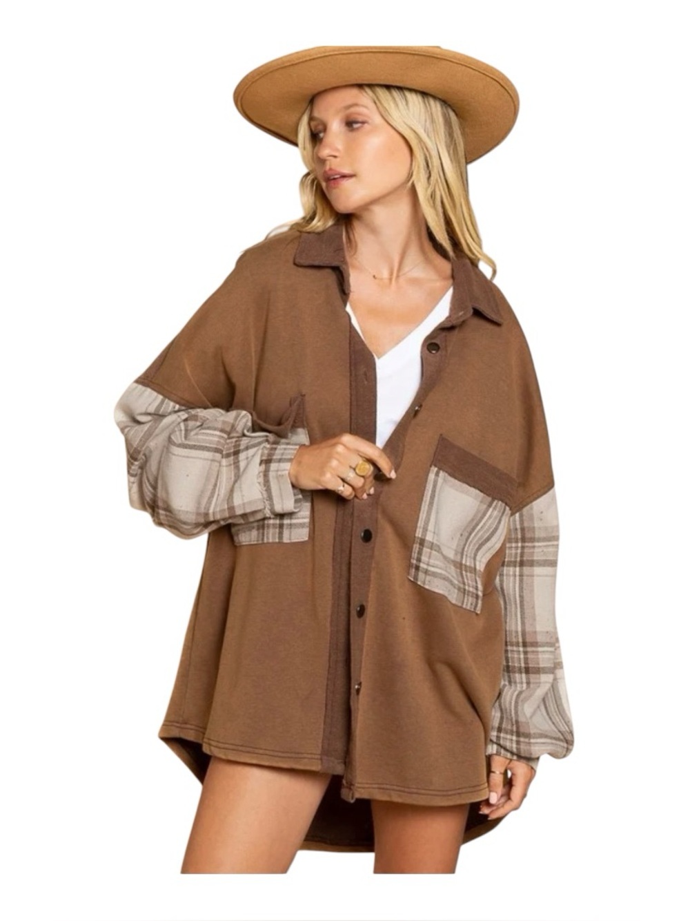 NWT POL Colorblocked Plaid Oversized Button Down Top Shacket Size Small